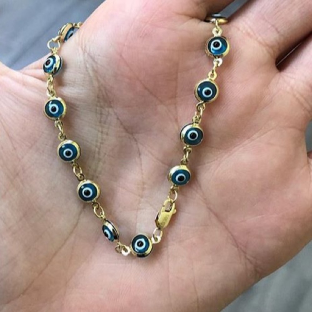 14K Solid Yellow Gold Evil Eye Blue Bracelet 7" in - Picture 12 of 14